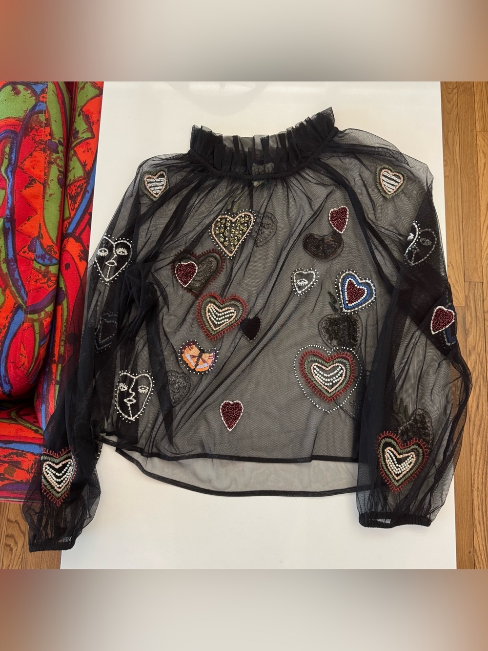 *LIKE NEW* FARM Rio Black Sheer Mesh Heart Embroidered Beaded Top